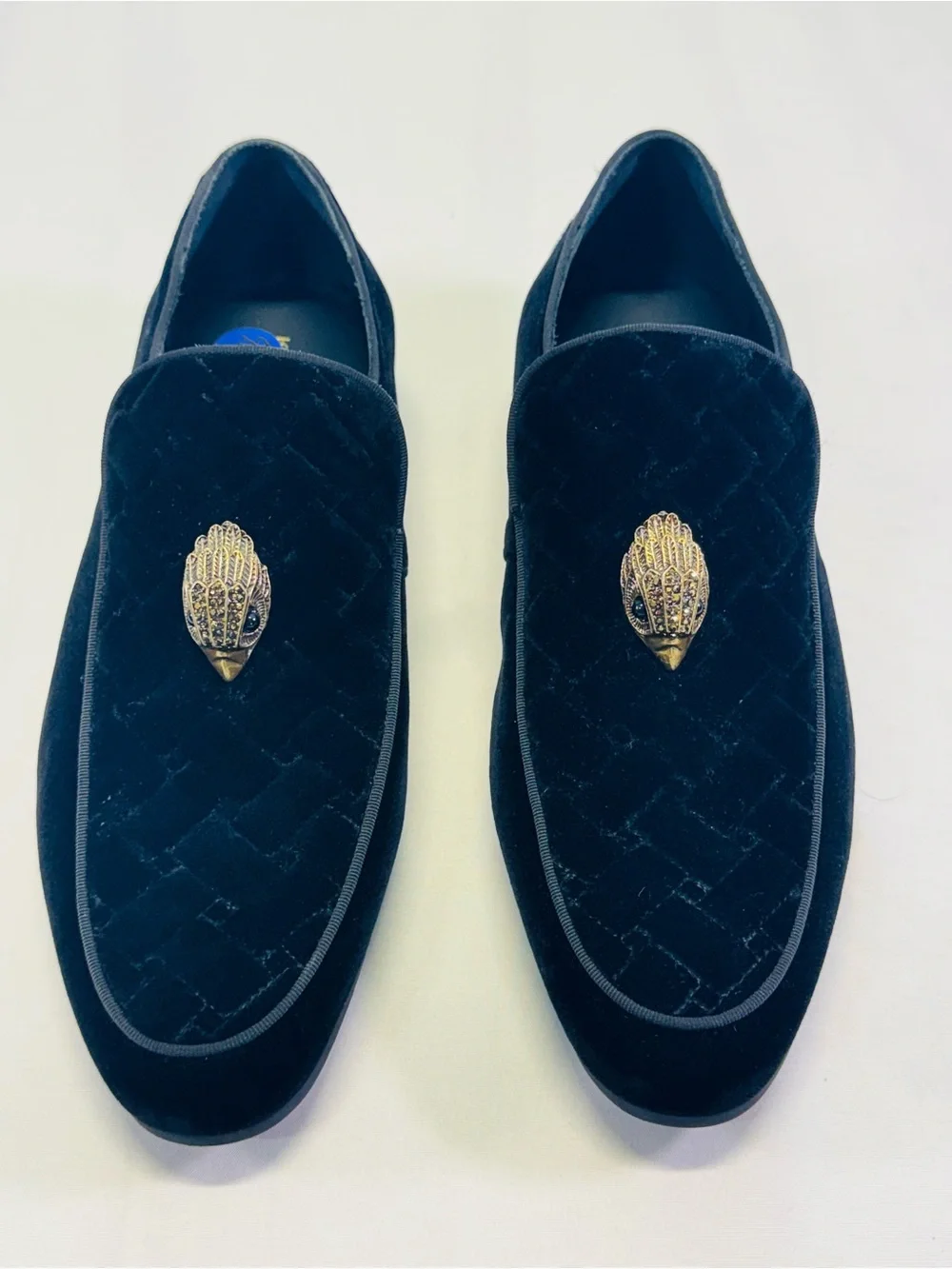 Kurt Geiger Black Velvet Slip-On Loafers with Gold Bird Emblem